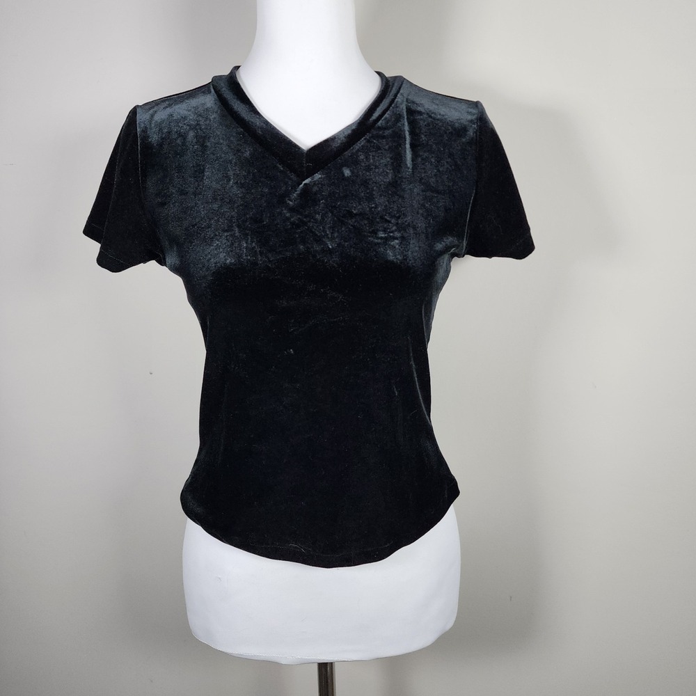 VTG Pelican‎ Cove Y2K Black Velvet Crop Top Womens Small Stretch Tee Goth Witchy